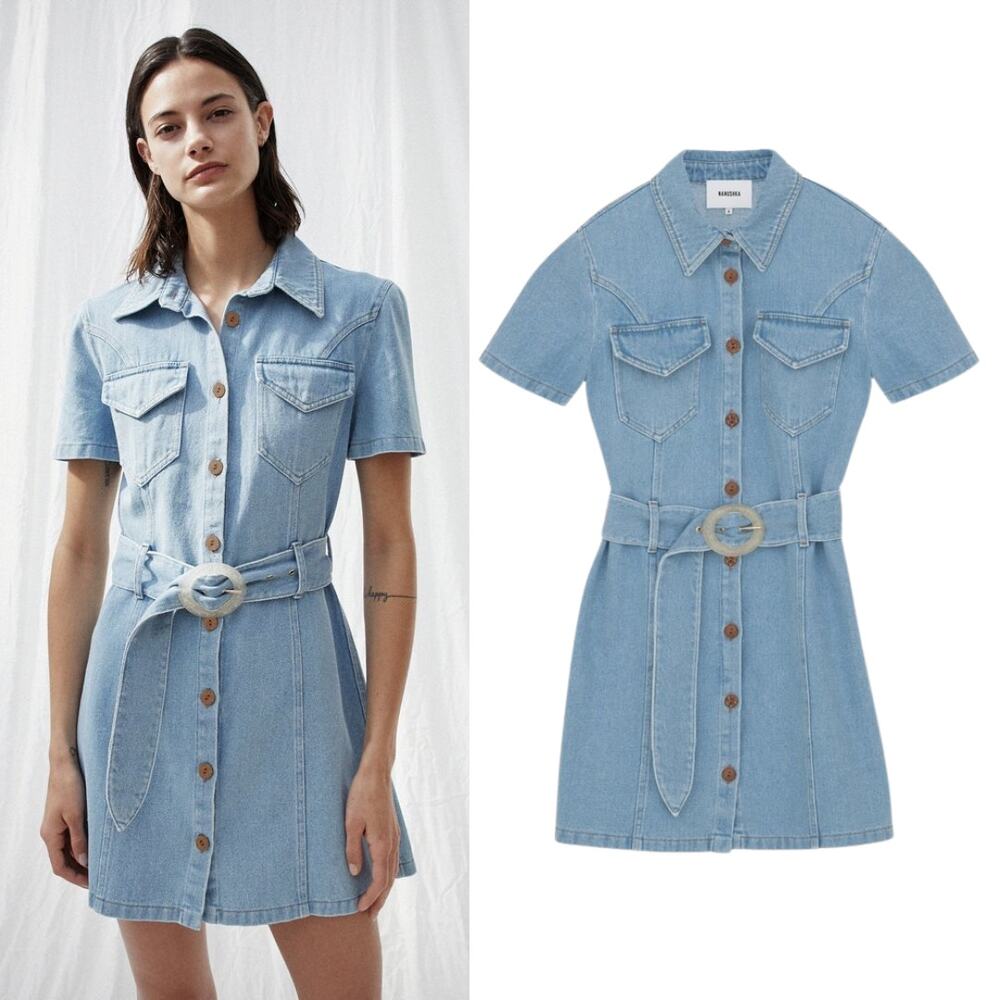 Nanushka Dress Denim Short Sleeve 80s Wash Blue Belted Mini Dress M